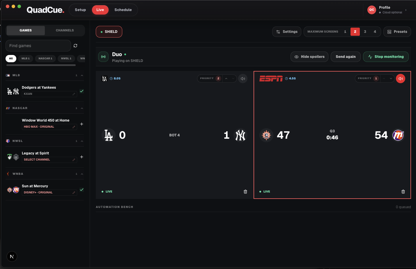 QuadCue live sports monitoring interface